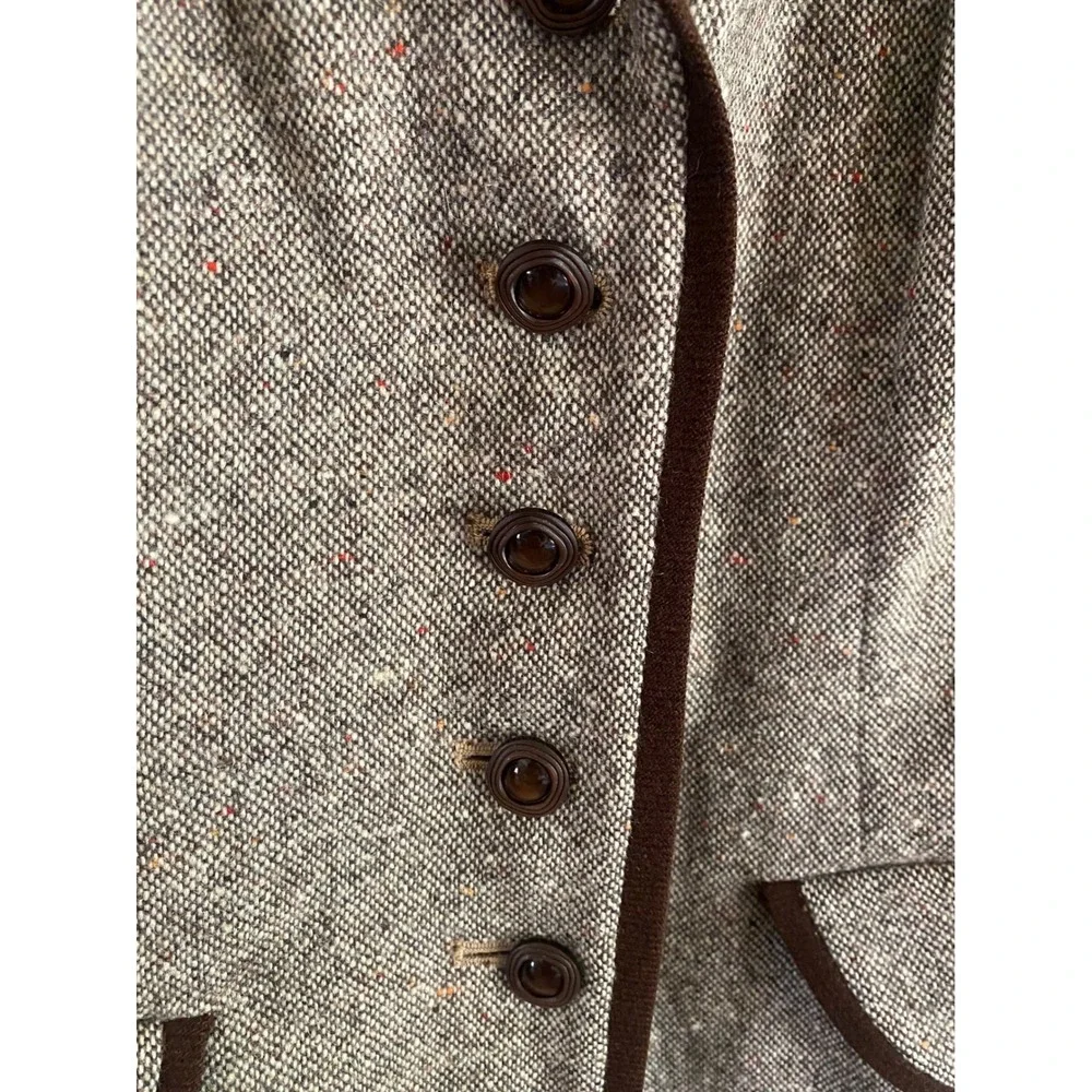 Vintage Mary-Lane Brown Wool Tweed Blazer Jacket‎ Contrast Piping Speckled Tan